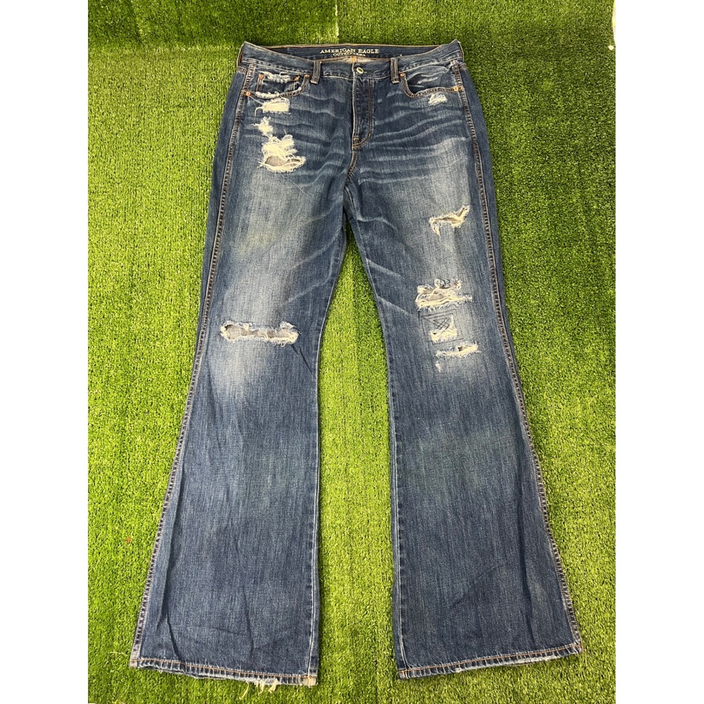American Eagle Vintage Hi-Rise Flare Jeans Distressed Button Fly Blue 14 Long